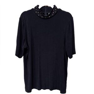 Chico's Travelers black knit studded mock neck top, zips up back, no wrinkle